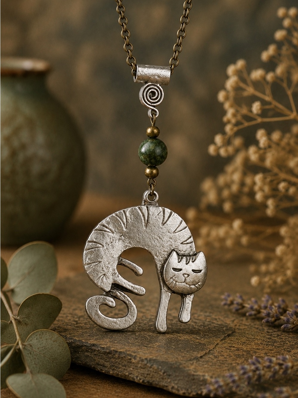 Sleeping Cat Necklace, Antique Bronze Chain, Green Bead, 20 Inch